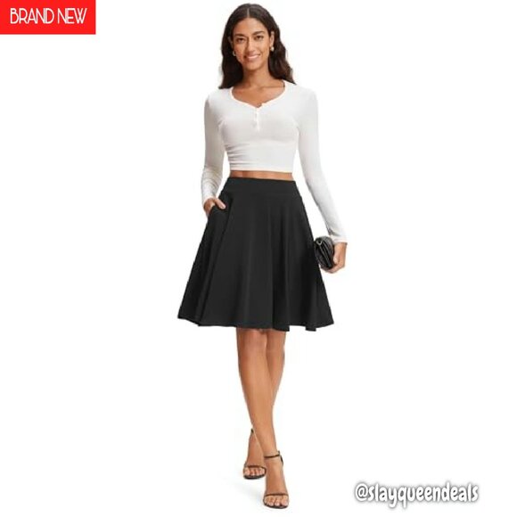 Knee Length Skirt with Pockets Stretchy High Waisted A-Line Midi - Picture 5 of 8